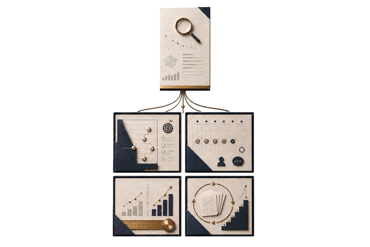 A diagnostic assessment connected to four programme ingredients: a tailored plan, daily support, measurement and optimisation, and repeated practice